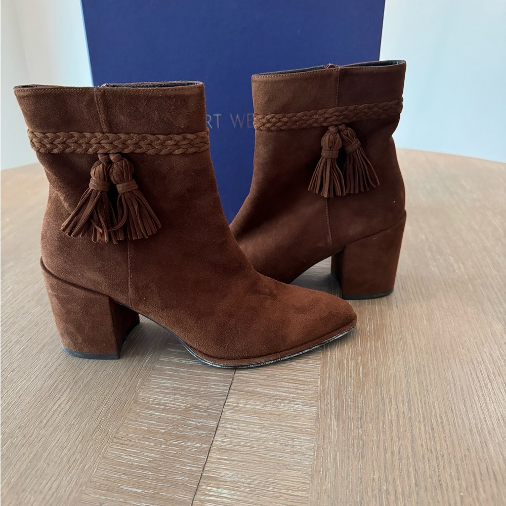 Stuart Weitzman Tazxie Block Heel Boots Walnut Brown Suede Sz 7M - Picture 3 of 15